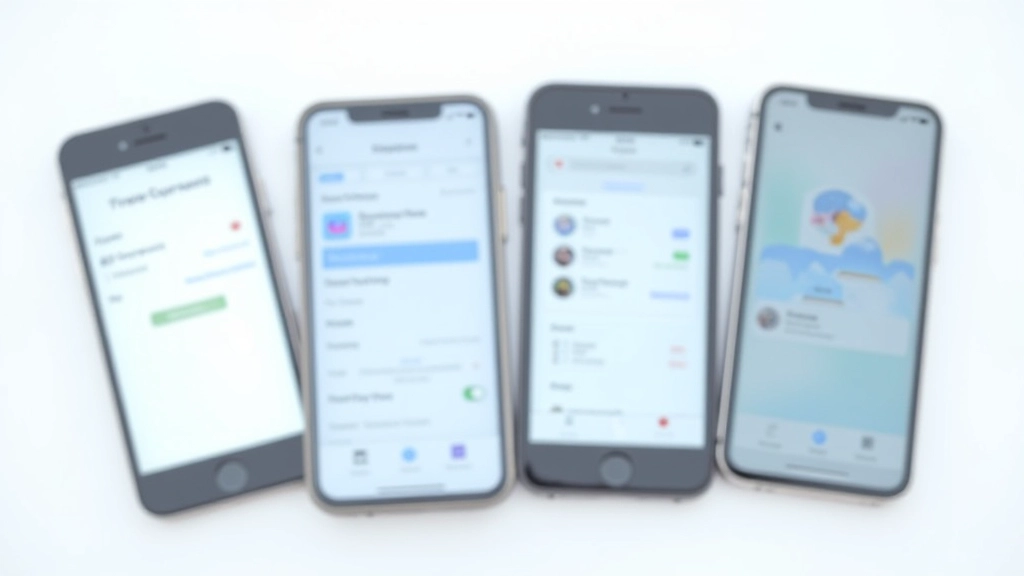 Collage de quatre écrans de téléphone affichant différentes interfaces d'applications mobiles modernes, design épuré, fond blanc