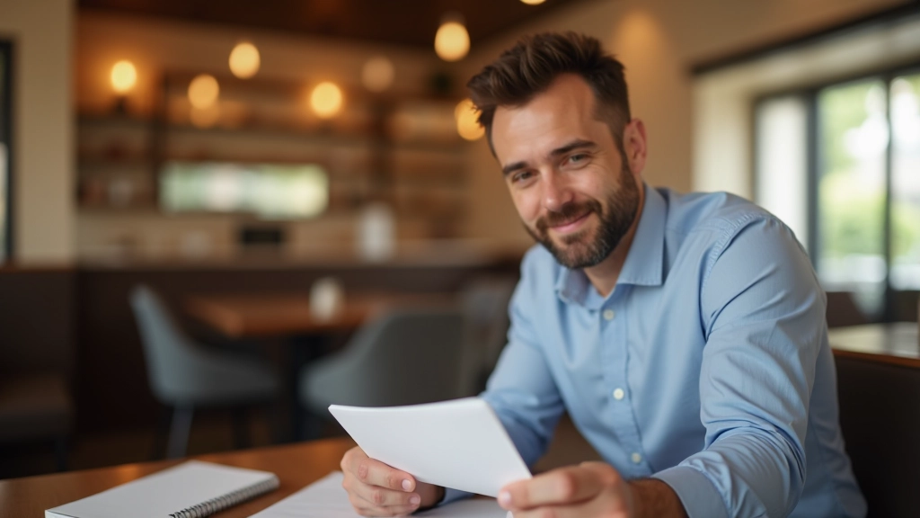 Homme tenant un reçu de magasin pour mission client mystère à un café