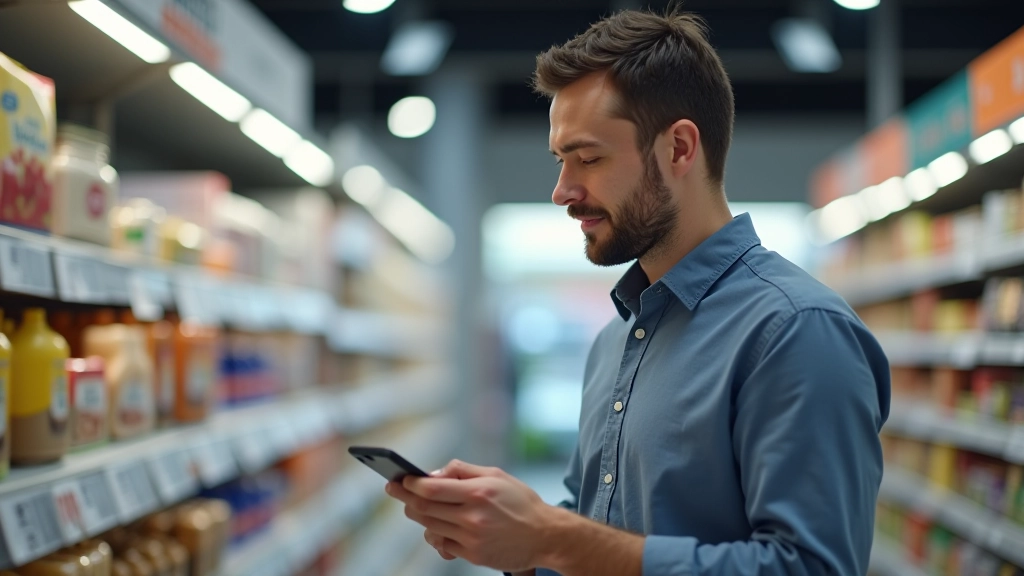 Homme examinant attentivement les détails d'un produit en rayons dans un magasin, vérifiant l'étiquetage et la présentation