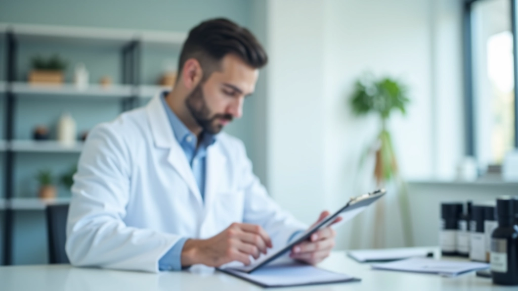 Homme testant un produit cosmétique avec un formulaire d'évaluation devant lui dans un environnement de laboratoire professionnel