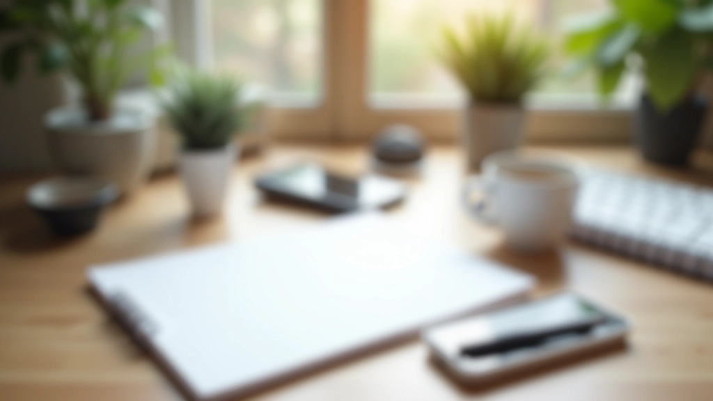 Bureau organisé avec bloc-notes, stylo, et téléphone, représentant un espace de travail pour participer aux sondages