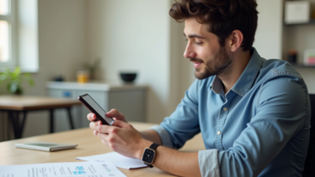 Personne assise à un bureau testant une application mobile, écran du téléphone visible avec interface utilisateur, lumière naturelle