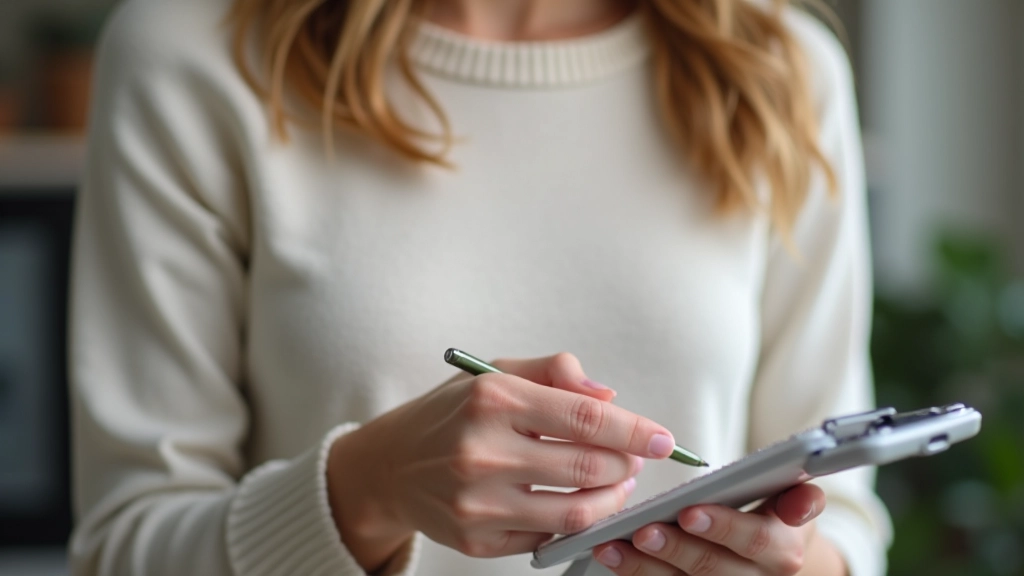 Personne tenant un produit cosmétique pour test avec formulaire d'évaluation à proximité