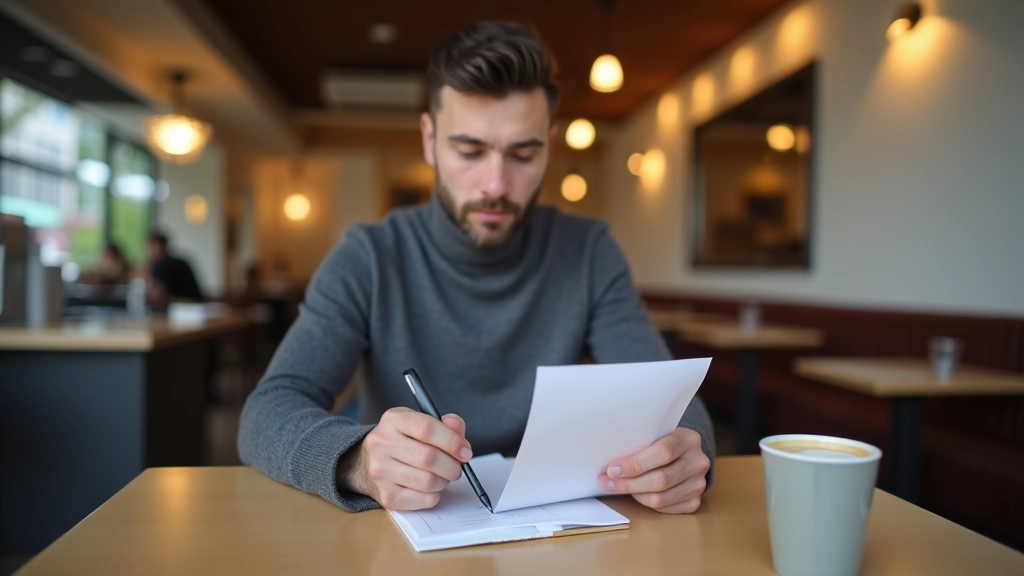 Personne tenant un reçu et un carnet à un café, vérifiant les achats pour une mission client mystère