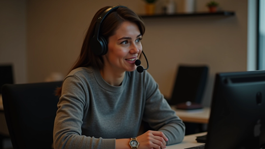 Personne souriante portant un casque, assise devant un ordinateur, enregistrant un retour vocal, lumière douce de bureau