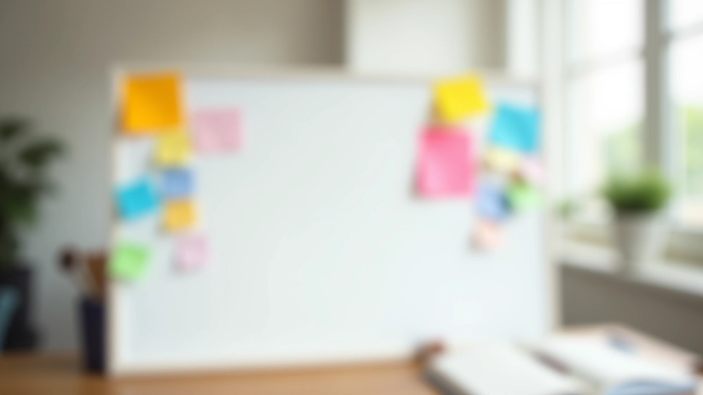 Tableau blanc avec des notes adhésives colorées et un stylo, représentant la planification et l'organisation du feedback, lumière naturelle