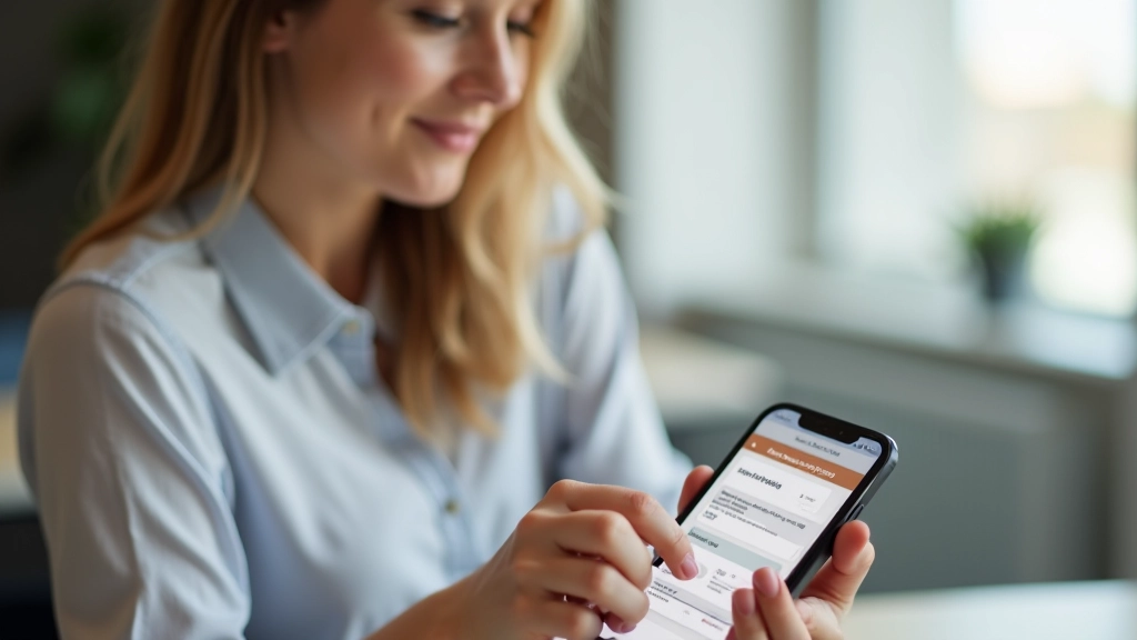 Femme utilisant une application sur son téléphone mobile avec un formulaire de feedback d'expérience utilisateur visible