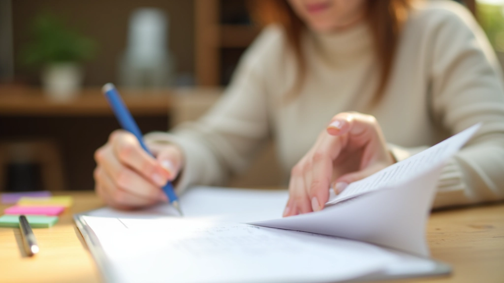 Femme tenant un formulaire de sondage et écrivant des réponses à un bureau avec des notes autocollantes colorées