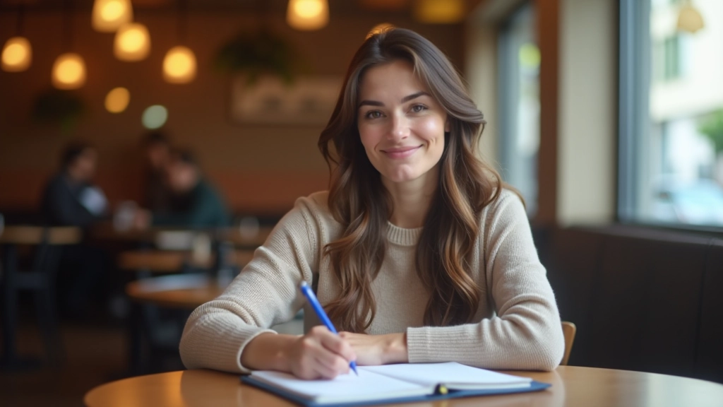 Femme remplissant un formulaire d'évaluation dans un café, stylo à la main, bloc-notes avec checklist visible