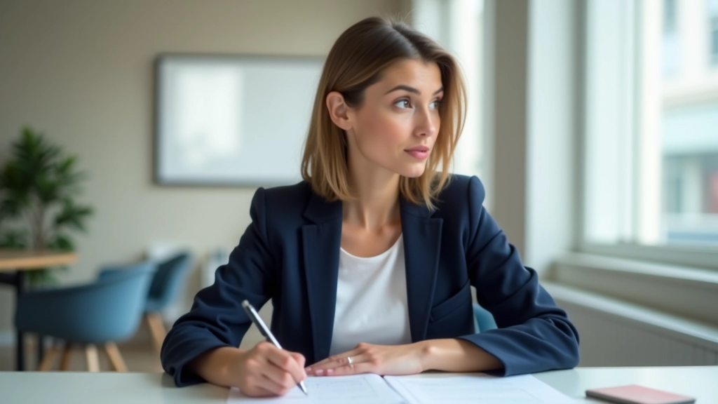 Femme remplissant un formulaire de sondage rémunéré dans un environnement professionnel calme