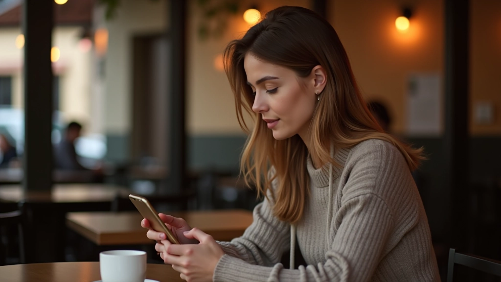 Femme travaillant sur son téléphone portable dans un café, concentrée sur l'écran avec une tasse de café à proximité