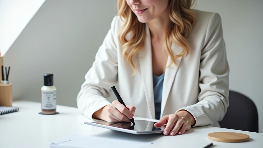 Femme remplissant un questionnaire d'évaluation de produit sur une tablette, produits cosmétiques et notes autour d'elle sur une table blanche bien éclairée