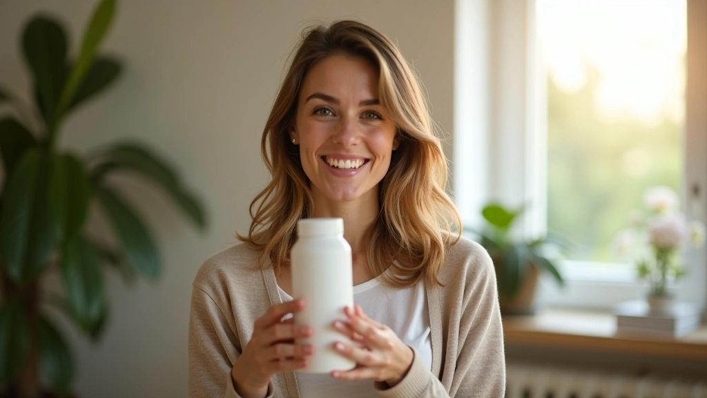 Femme tenant des produits testés avec un sourire satisfait, entourée de plusieurs articles dans son salon lumineux avec des plantes en arrière-plan