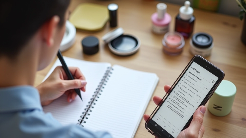 Plan de travail avec plusieurs produits de test, bloc-notes avec évaluations écrites, crayon et téléphone montrant un questionnaire d'évaluation numérique sur un fond de bois naturel